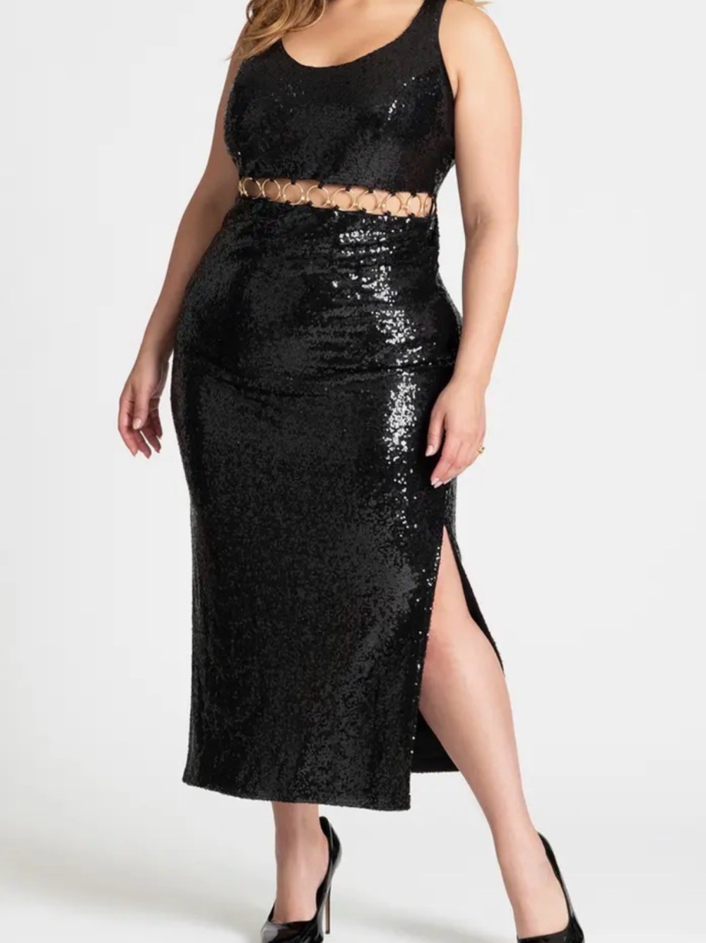 Eloquii Black Sequin Maxi Dress with Gold Chain Accent - Picture 4 of 4